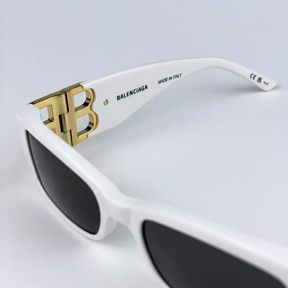 SALE! NEW Balenciaga BB0096S 011 White Gold Grey Rectangle Unisex Sunglasses